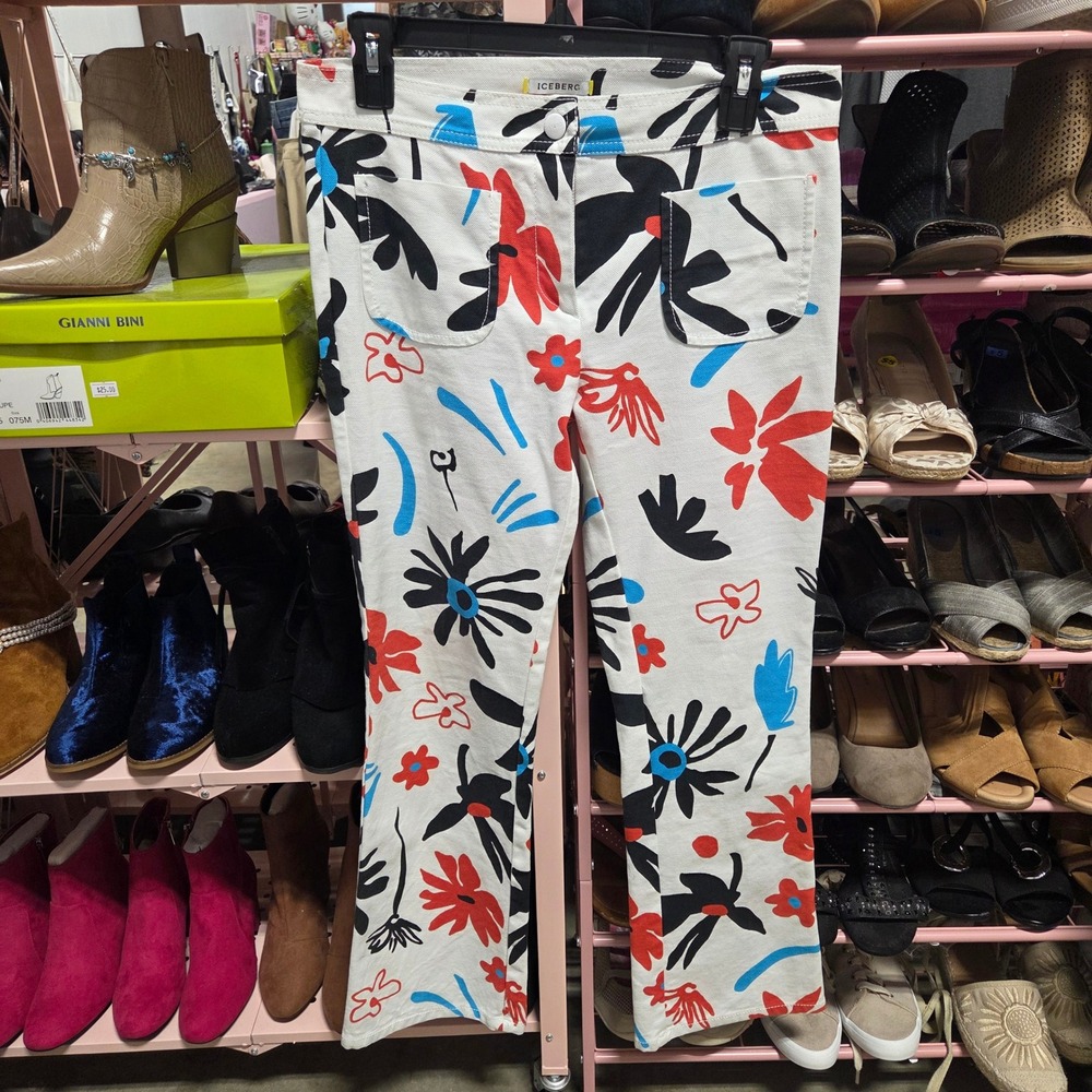 Iceberg Womens Floral Print Straight Leg Pants White Red Blue P16EI4M0B0210261
